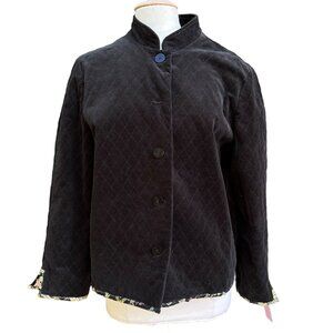 Hearts of Palm Black Quilted Velvet Asian Button-Up Jacket High Collar 12 - READ